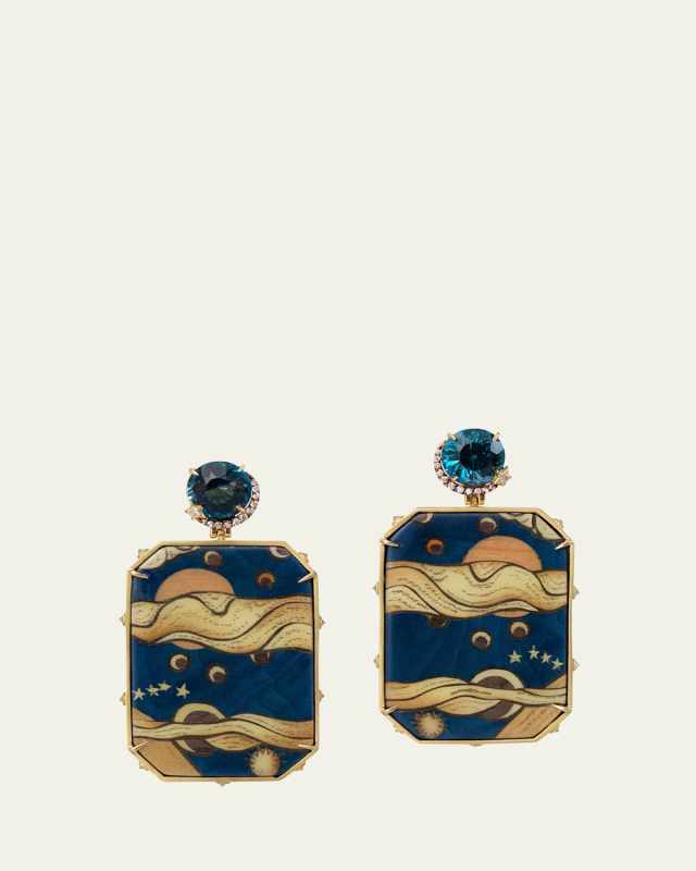 18K Yellow Gold Marquetry Earrings with Diamonds and London Topaz